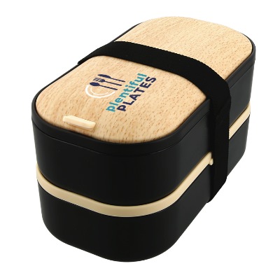 Bento box made of plastic with full color promotional imprint.