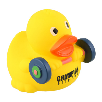 Yellow plastic rubber duck with a customized imprint.