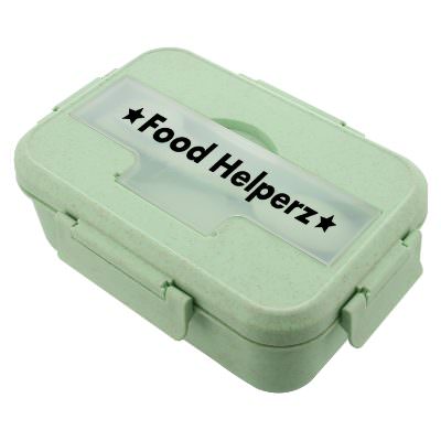 Mint green harvest bento box with custom promotional logo.