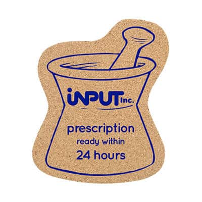 Large cork mortar and pestle coaster with imprinting.