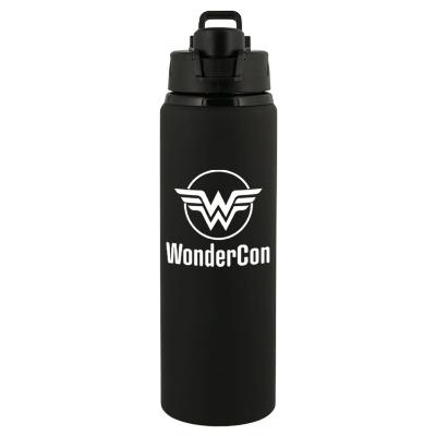 Black aluminum bottle with custom imprint.