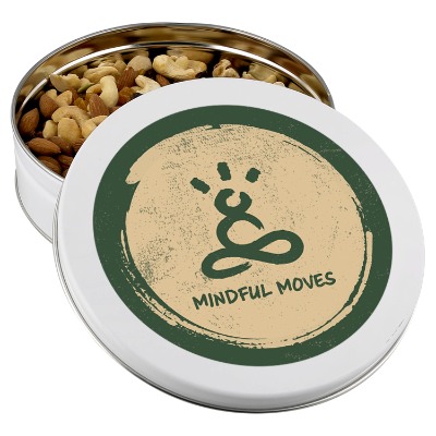 White candy tin with a personalized imprint.