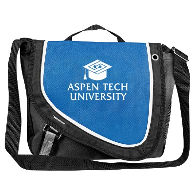 Black with blue accent messenger bag with custom imprint.