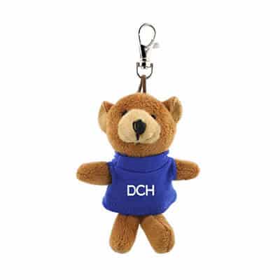 Plush and cotton royal blue wild bunch key tag bear with imprinting.