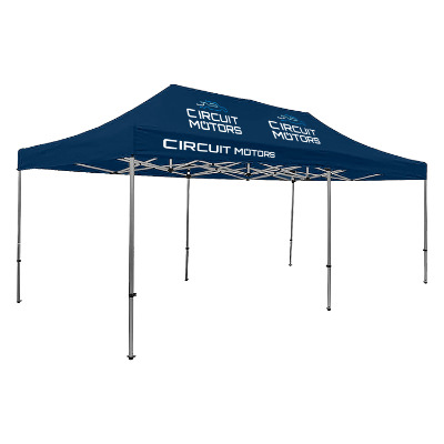Navy 20-ft. tent with custom imprint in 3 locations.