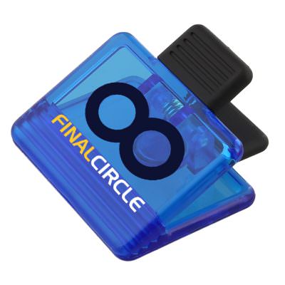 Plastic translucent blue billboard magnetic memo chip clip with full color imprint.