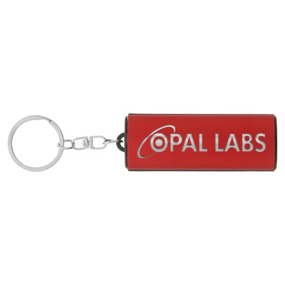 Red aluminum flashlight keychain with laser engraved promotional imprint.