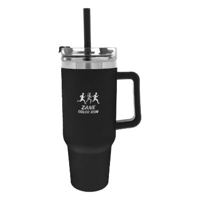 Stainless steel tumbler in 40 oz. with a custom engraved logo.