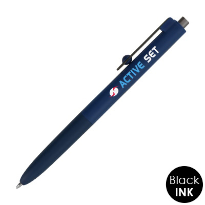 Navy Blue plastic pen with a personalized logo.