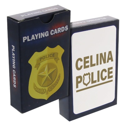 Blue paper playing cards with a custom imprint.