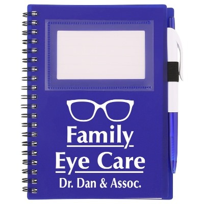 Polypropylene frosted blue ID window notebook with customized logo.