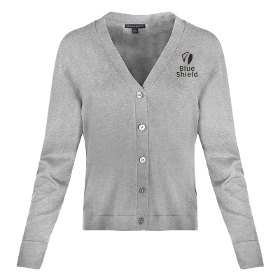 Gray cardigan with custom imprint.
