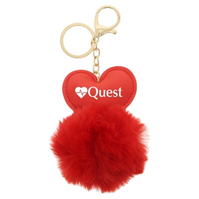 Red heart fluff ball key ring with custom personalized imprint.