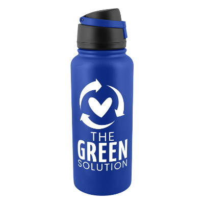 Navy blue stainless steel bottle with a custom logo.