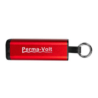 Red plastic phone stand with a personalized logo.