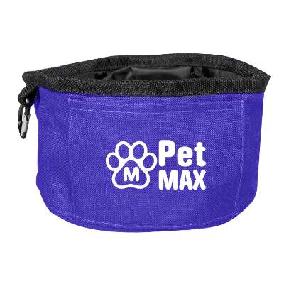 Blue folding dog bowl with custom imprint.