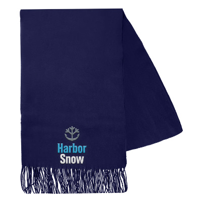 Blue cashmere scarf with custom embroidered imprint.