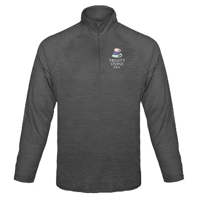 Black quarter-zip pullover with custom full color logo.