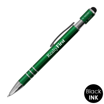 Metallic green aluminum pen with a branded logo.