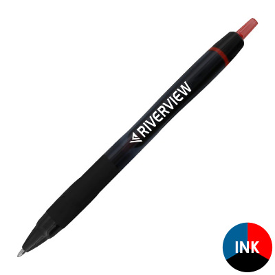 Black plastic pen with a personalized imprint.