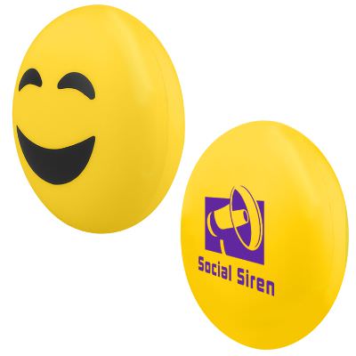 Foam smile emoji stress ball with a promotional imprint.
