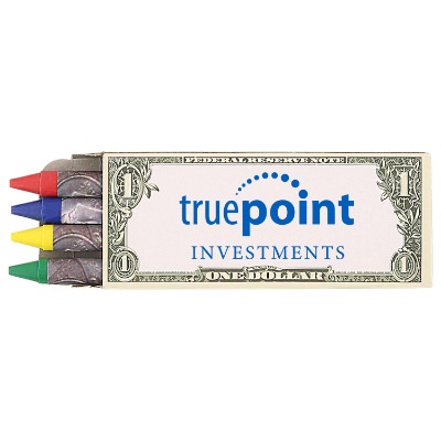 Cardboard 4 pack money crayons with custom imprint.