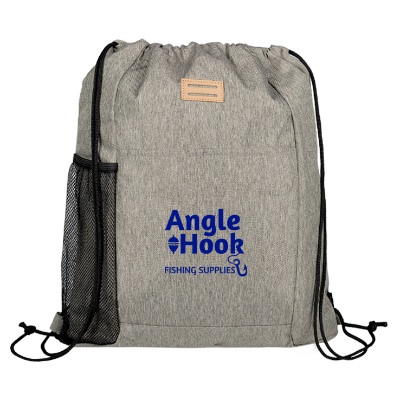 Drawstring bag with mesh pocket and custom imprint.