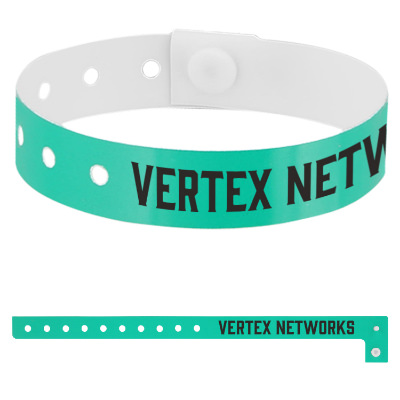 Green plastic wristband with a branded logo.