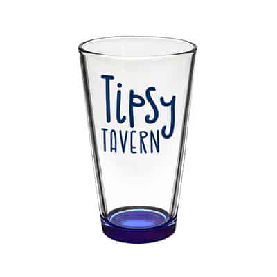 Glass blue bottom pint glass with branding in 16 ounces.