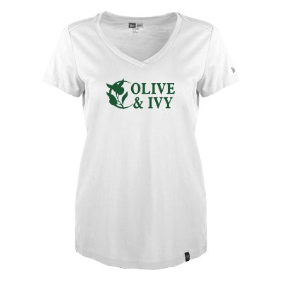 Custom white women's tee with logo.