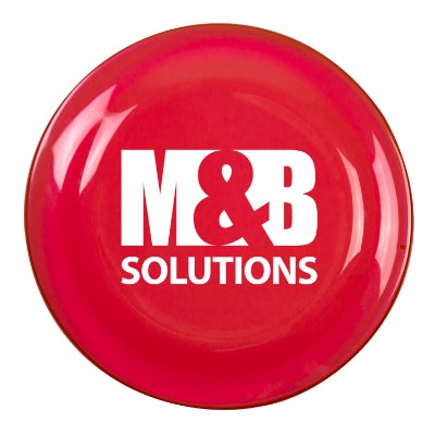 Plastic red flying disc branded with logo.