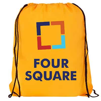 Polyester athletic yellow drawstring bag with full-color personalized logo.