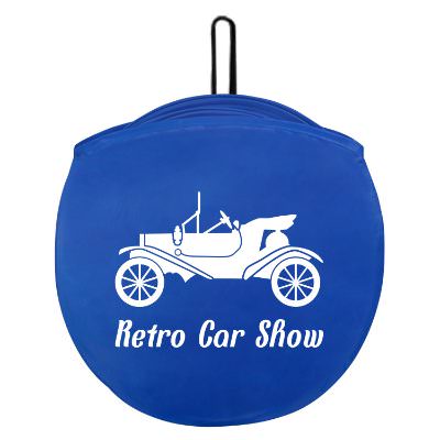 Royal blue nylon collapsible automobile sun shade with custom logo.