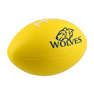 Yellow foam stress ball with a personalized imprint.