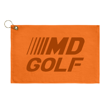 Orange golf towel with custom imprint.