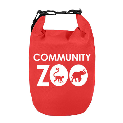 Red nylon bag with custom logo.