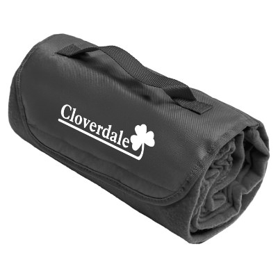 Customizable purple fleece blanket that can fold within itself with attached handle.