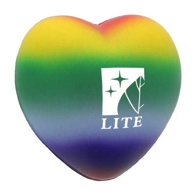 Rainbow foam stress ball with a custom logo.