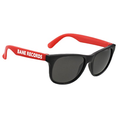 Polypropylene resin and polycarbonate red black frame retro sunglasses with custom imprint.