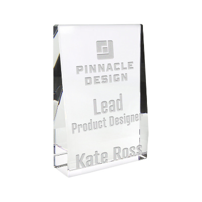 Crystal award with custom laser engraved imprint.