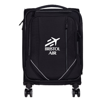 Black carry-on luggage with custom logo.