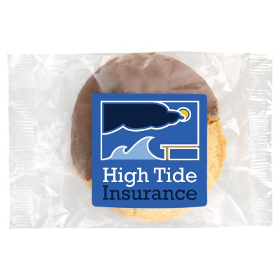 Clear plastic wrapper with a custom imprint.