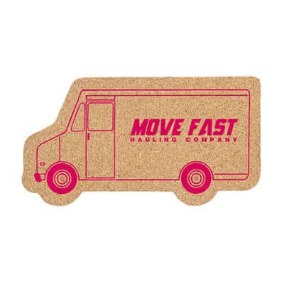 Large cork truck coaster with custom brand.