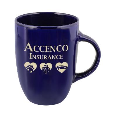Ceramic cobalt blue coffee mug with c-handle and custom branding in 12 ounces.