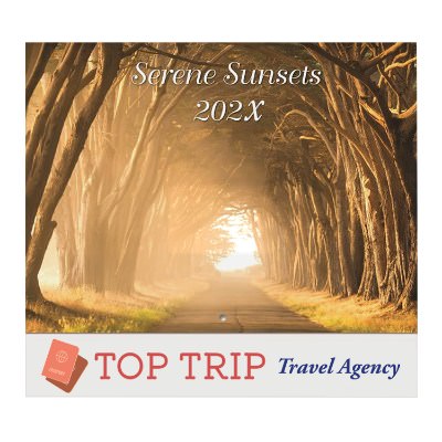 Stapled wall calendar with serene sunset images with custom full color imprint.