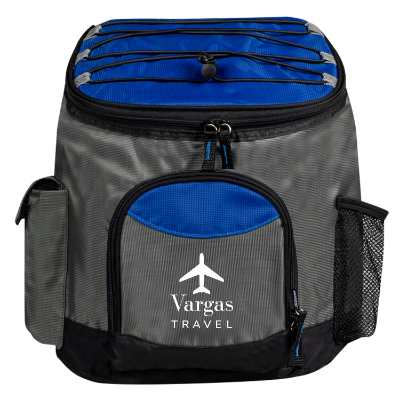 Royal backpack cooler with custom logo.