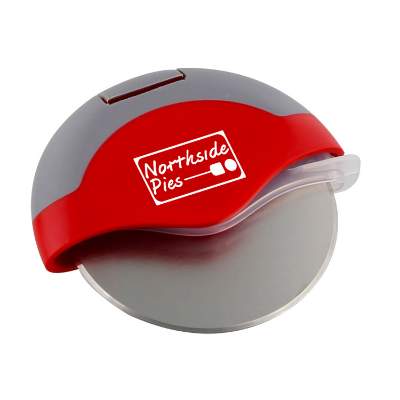 Stainless steel pizza cutter with custom promotional logo.