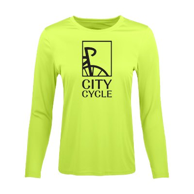 Women's hi vis yellow long sleeve tee with custom logo.