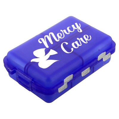Blue plastic pill box with a branded imprint.