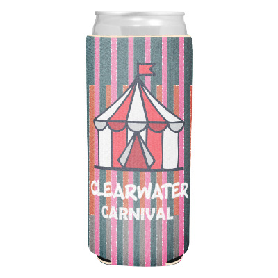 Boho striped slim can cooler with custom full color imprint.